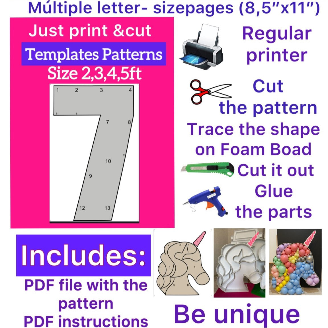 Template of number 7 (All sizes are included: 2, 3, 4, 5ft.)