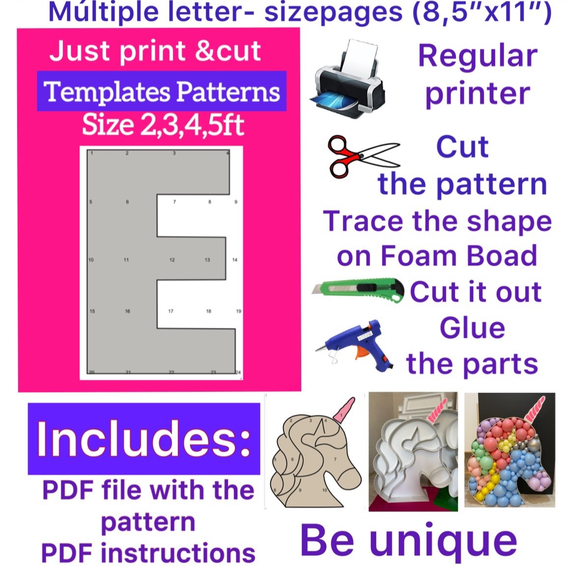 Template of letter E (All sizes are included: 2, 3, 4, 5ft.)