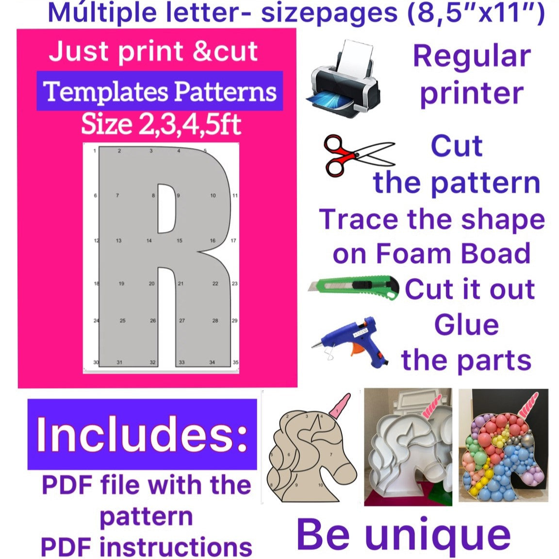 Template of letter R (All sizes are included: 2, 3, 4, 5ft.)