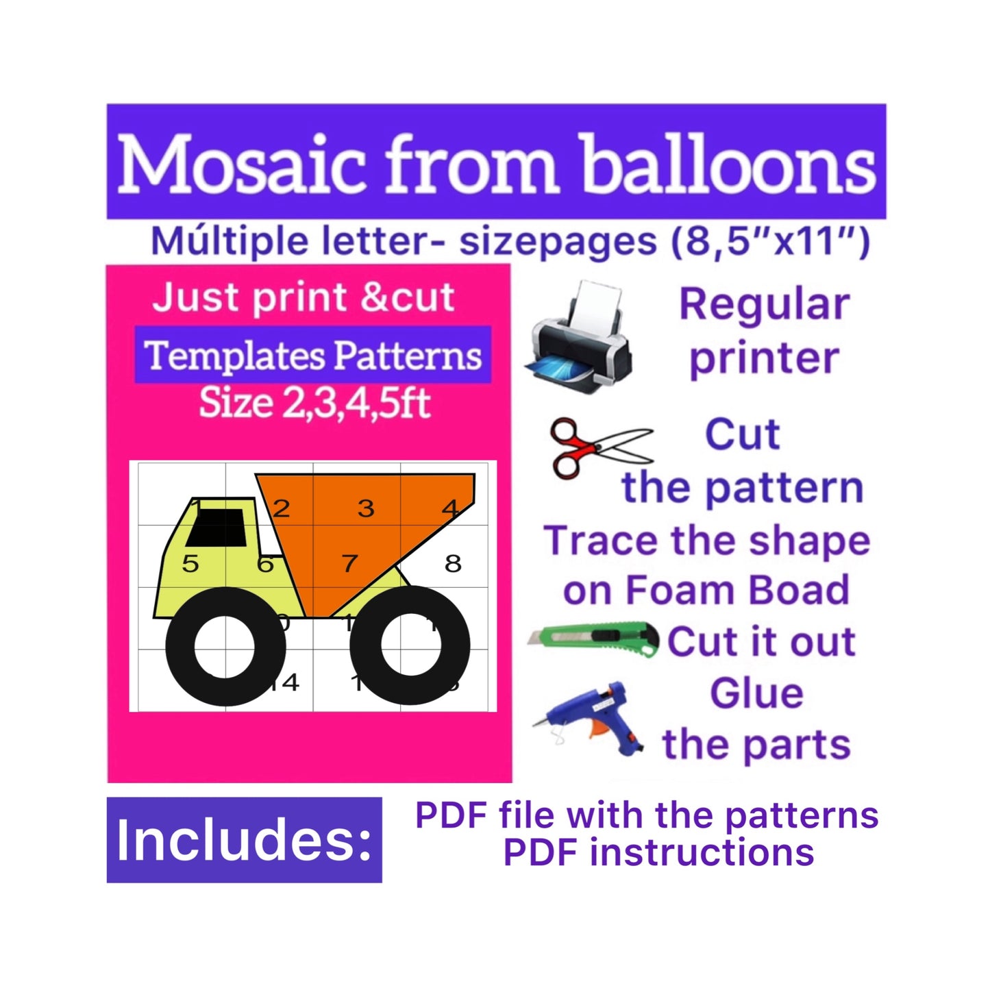 Template of  Dump truck toy (All sizes are included: 2, 3, 4, 5ft.)