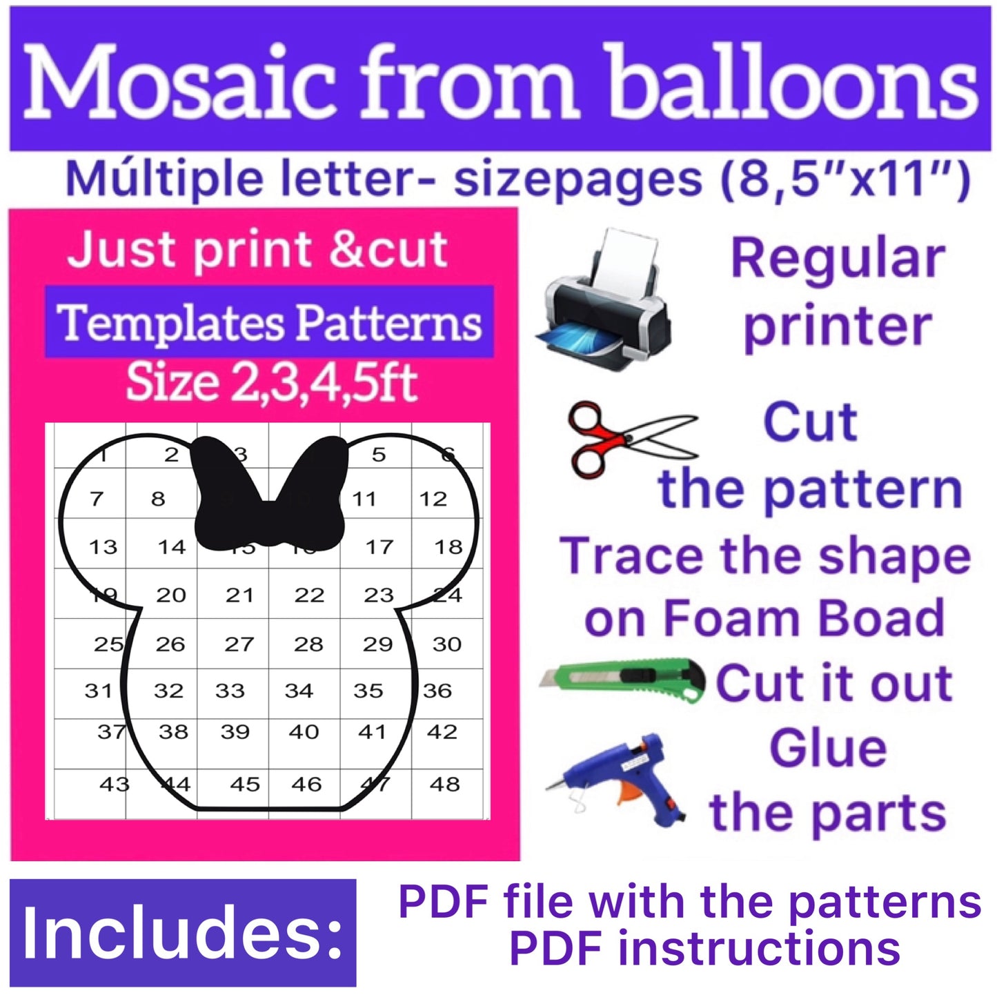 Template of Minnie Mouse (All sizes are included: 2, 3, 4, 5ft.)