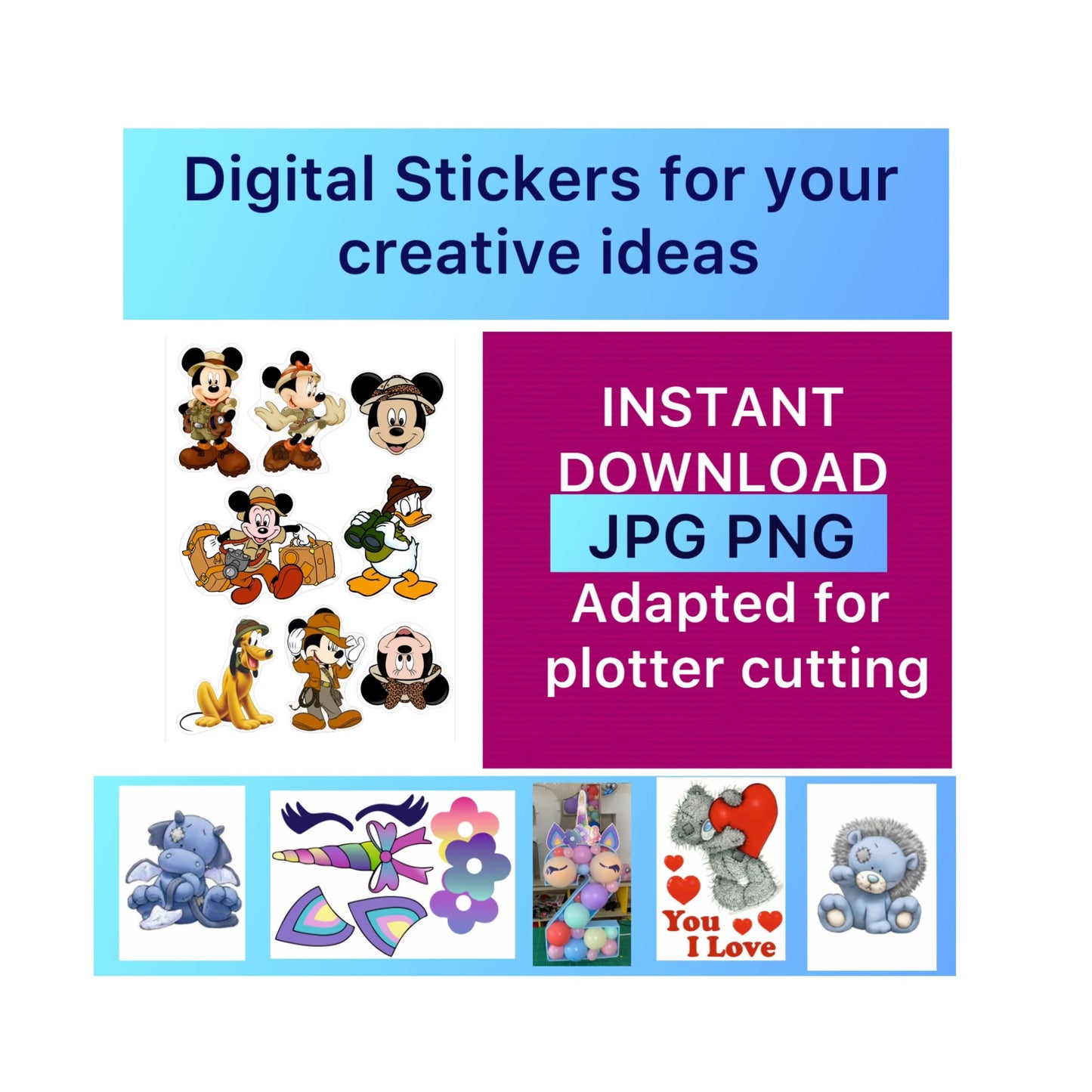 Digital stickers of Mickey safari. Set of 8 stickers