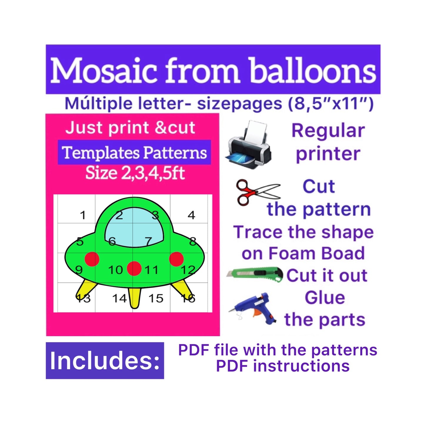 Template of  Flying saucer (All sizes are included: 2, 3, 4, 5ft.)