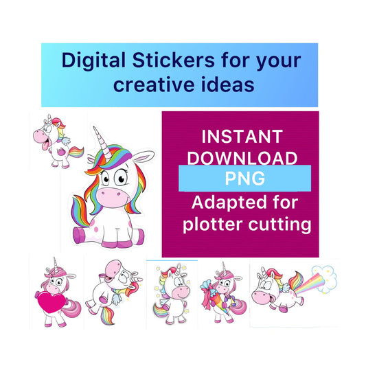 Digital stickers of Unicorn. Set of 7 stickers