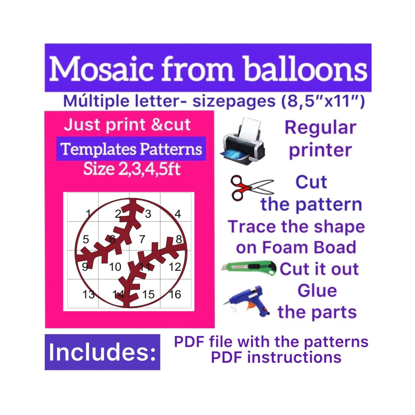 Template of Baseball ball (All sizes are included: 2, 3, 4, 5ft.)